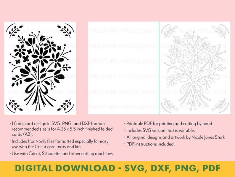 May include: Black and white floral bouquet design in SVG, PNG, DXF, and PDF format. The design is perfect for creating cards, invitations, or other paper crafts. The recommended size is 4.25 x 5.5 inches.