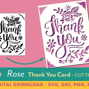 Fichier de coupe SVG de carte de remerciement - Rose / carte florale / carte d'insertion / carte de voeux / svg, png, dxf, pdf / numérique / téléchargement instantané