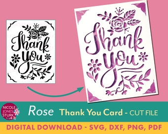 Thank You Card SVG cut file - Rose / floral card / insert card / greeting card / svg, png, dxf, pdf / digital / instant download