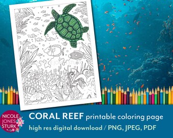 Coral Reef  ocean printable coloring page / digital adult coloring page for Procreate / JPG, PNG, PDF / instant download