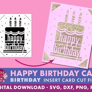 Archivo de corte SVG de tarjeta de cumpleaños - Pastel de cumpleaños feliz / insertar tarjeta / tarjeta de felicitación / svg, png, dxf, pdf / digital / descarga instantánea