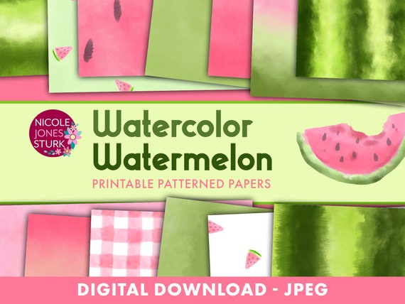 Watercolor Watermelon Paper / digital scrapbook paper set / summer watermelon backgrounds / jpeg files / printable paper / instant download