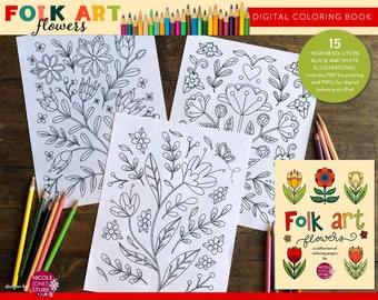 Folk Art Flowers digital coloring book / adult coloring / printable coloring pages / pdf and png / instant download