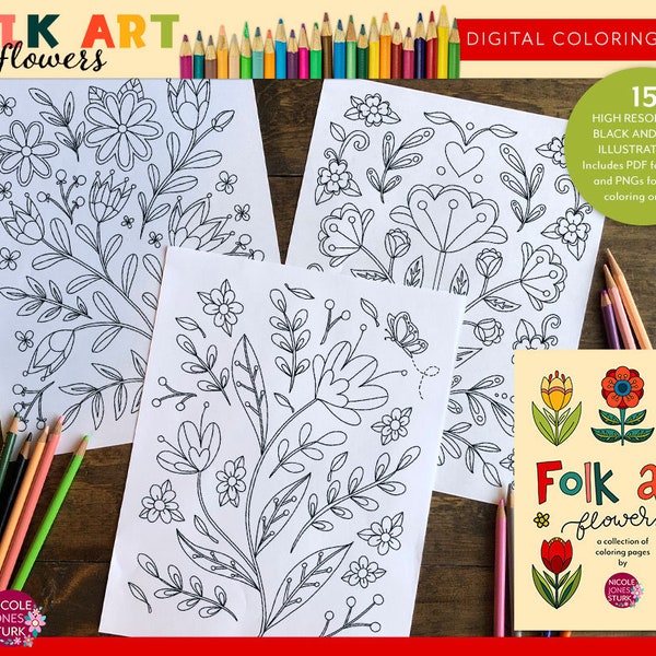 Folk Art Flowers digital coloring book / adult coloring / printable coloring pages / pdf and png / instant download