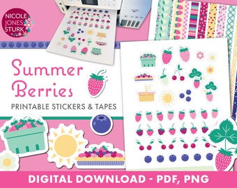 Summer Berries printable stickers and tapes / strawberry stickers / printable washi tape / pdf, png / digital / instant download
