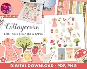 May include: Printable cottagecore stickers and tapes featuring a variety of images including a chicken, a mushroom, a jar of honey, a strawberry, a tree, a dress, a cup of tea, and a bouquet of flowers. The text "Cottagecore Printable Stickers & Tapes" and "The Sweet Life" are also included.