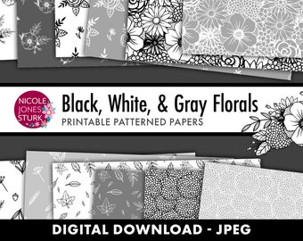 Black, White, and Gray Floral paper / digital scrapbook paper set / summer floral backgrounds / jpeg / printable paper / instant download