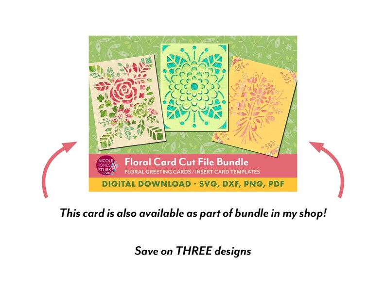 May include: Three digital cut files for floral greeting cards. The designs feature a pink and green floral bouquet, a teal floral design, and a yellow floral bouquet. The text "Floral Card Cut File Bundle" is displayed above the designs. The text "DIGITAL DOWNLOAD - SVG, DXF, PNG, PDF" is displayed below the designs.