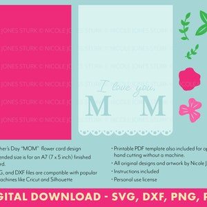 Peut inclure: T&eacute;l&eacute;chargement num&eacute;rique d'un mod&egrave;le de carte de f&ecirc;te des m&egrave;res avec le mot "MOM" en grandes lettres roses et un motif floral. La carte est con&ccedil;ue pour une carte pli&eacute;e finie de 7 x 5 pouces. Le motif est disponible aux formats SVG, PNG, DXF et PDF.
