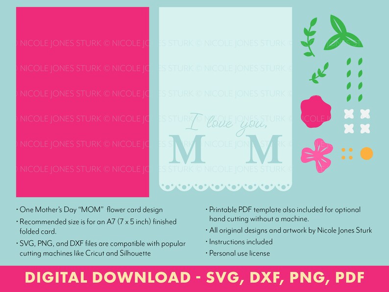Peut inclure: T&eacute;l&eacute;chargement num&eacute;rique d'un mod&egrave;le de carte de f&ecirc;te des m&egrave;res avec le mot "MOM" en grandes lettres roses et un motif floral. La carte est con&ccedil;ue pour une carte pli&eacute;e finie de 7 x 5 pouces. Le motif est disponible aux formats SVG, PNG, DXF et PDF.