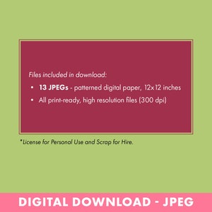May include: Digital download graphic with text on a light green background. A maroon rectangle contains the text: "Files included in download: 13 JPEGs - patterned digital paper, 12x12 inches. All print-ready, high resolution files (300 dpi)." The bottom reads "DIGITAL DOWNLOAD - JPEG."