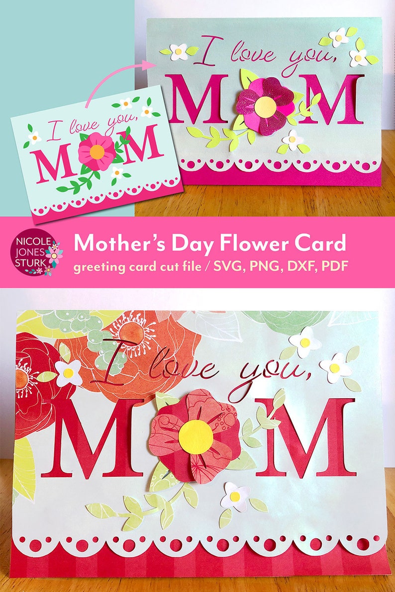 Peut inclure: Une carte de f&ecirc;te des m&egrave;res avec un design d&eacute;coup&eacute; repr&eacute;sentant les mots "Je t'aime, MAMAN" avec des fleurs et des feuilles. La carte est sur un fond bleu clair avec une bordure festonn&eacute;e rose.