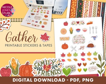 May include: Printable stickers and tapes with an autumn theme. The stickers feature images of pumpkins, leaves, corn, and other autumnal elements. The tapes feature a variety of autumn-themed patterns. The text "Gather" is featured in a large font at the top of the image. The text "Family & Friends" is featured on a sticker with a heart and leaves.