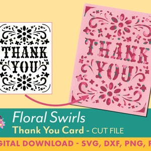 Arquivo de corte SVG de cartão de agradecimento - redemoinhos florais / cartão floral / inserir cartão / cartão comemorativo / svg, png, dxf, pdf / digital / download instantâneo