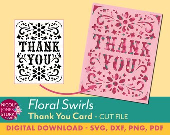 Thank You Card SVG cut file - Floral Swirls / floral card / insert card / greeting card / svg, png, dxf, pdf / digital / instant download
