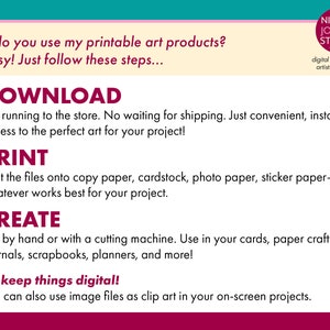 May include: A graphic with instructions for using printable art products. The steps include downloading, printing, and creating. The text is in a mix of pink, burgundy, and black fonts on a cream background. The logo for Nicole Jones Sturk is in the upper right corner.