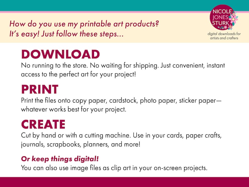 May include: A graphic with instructions for using printable art products. The steps include downloading, printing, and creating. The text is in a mix of pink, burgundy, and black fonts on a cream background. The logo for Nicole Jones Sturk is in the upper right corner.