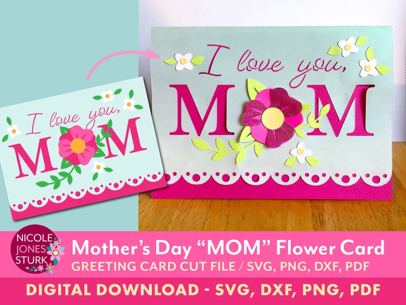 Peut inclure: T&eacute;l&eacute;chargement num&eacute;rique d'un fichier de d&eacute;coupe de carte pour la f&ecirc;te des m&egrave;res. La carte pr&eacute;sente un motif de fleurs roses et blanches avec les mots "Je t'aime, MAMAN" en lettres roses.