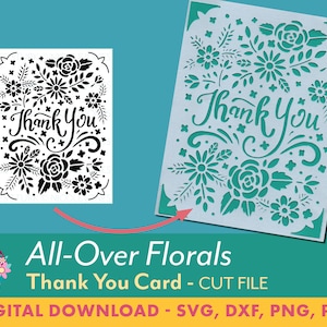 Thank You Card SVG cut file - All-Over Florals / floral card / insert card / greeting card / svg, png, dxf, pdf / digital / instant download