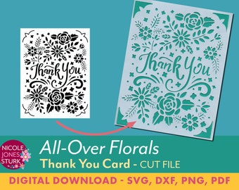 Thank You Card SVG cut file - All-Over Florals / floral card / insert card / greeting card / svg, png, dxf, pdf / digital / instant download