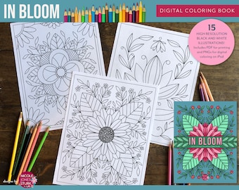 In Bloom digital coloring book / adult coloring / printable coloring pages / digital coloring for Procreate / pdf and png / instant download