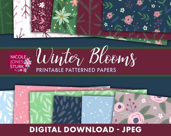 Winter Blooms printable patterned paper / holiday scrapbook paper / floral patterns / jpeg / digital / instant download