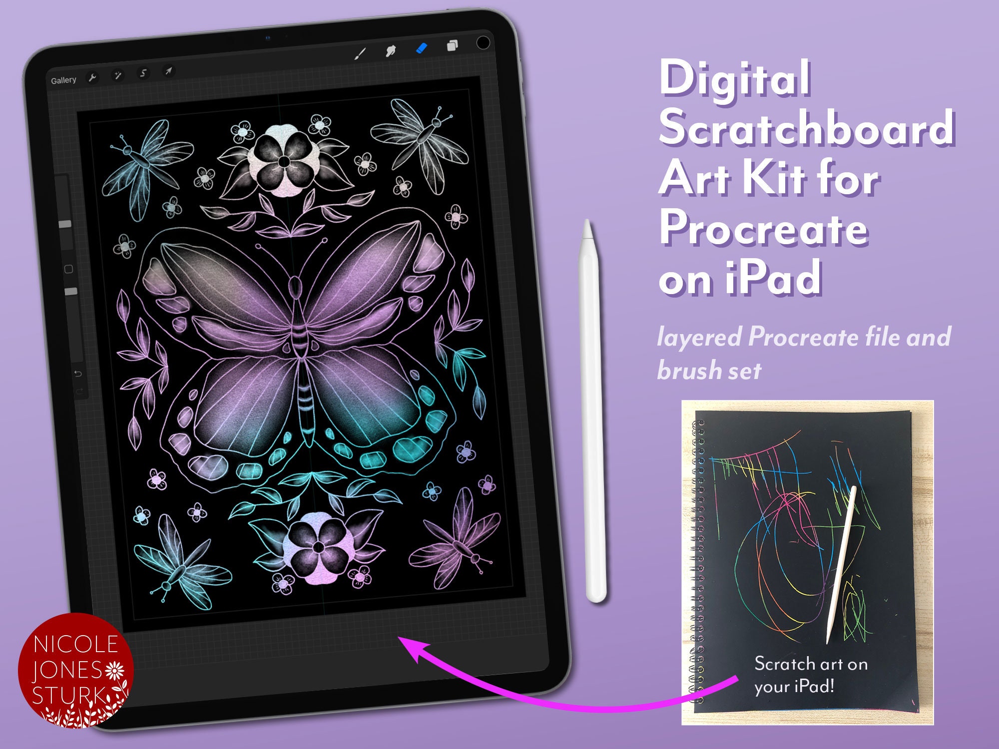 Digital Scratchboard Art Kit for Procreate on iPad / layered Procreate file and brush set / digital coloring pages / instant download