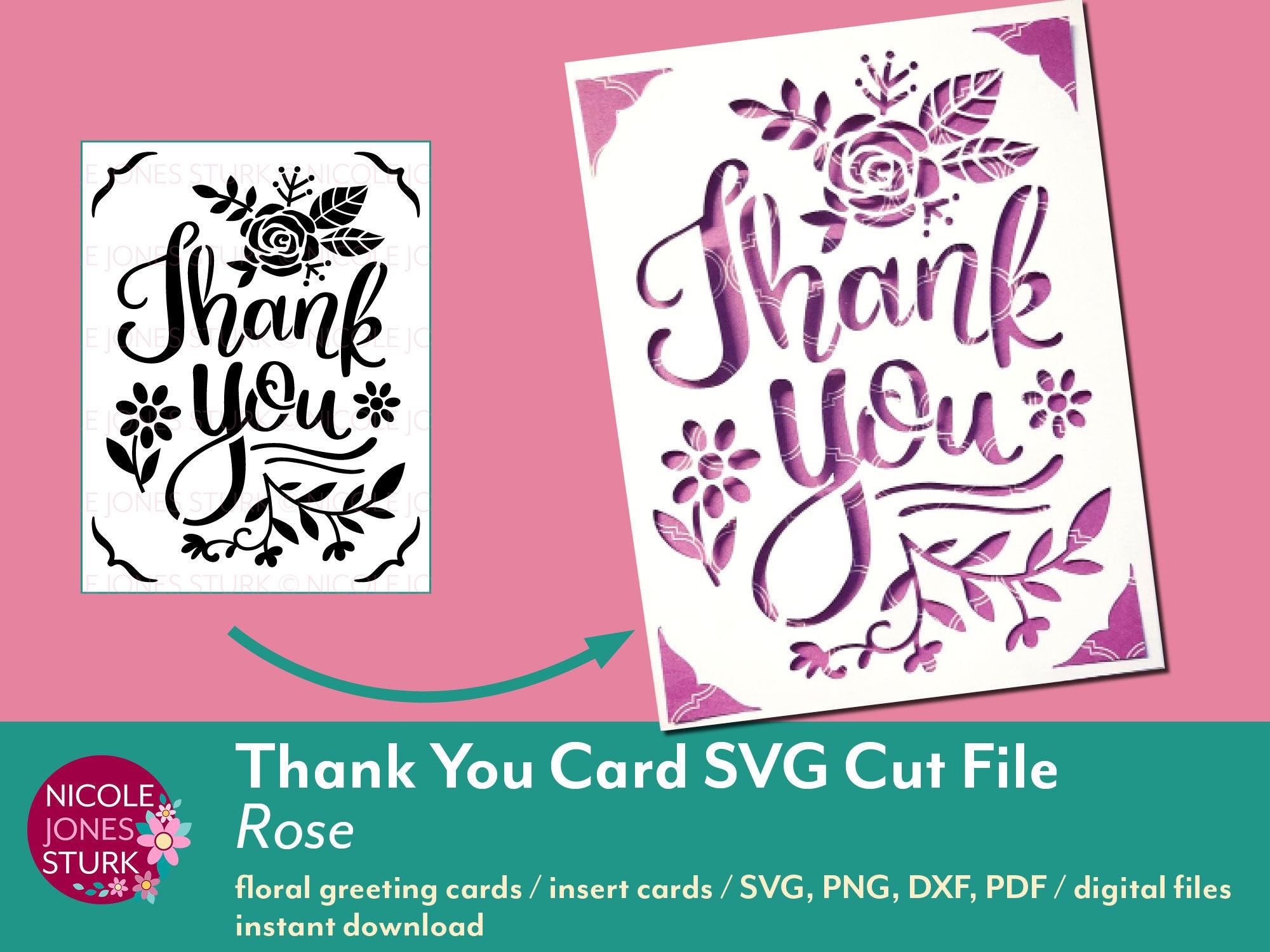 Thank You Card SVG cut file - Rose / floral card / insert card / gree…