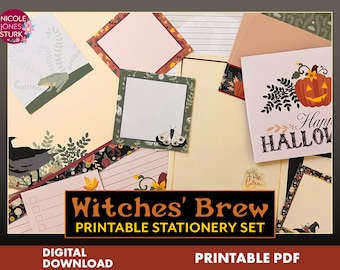 Witches' Brew printable stationery set / Halloween printables / fall papers, sticky notes, card, envelope / digital / instant download