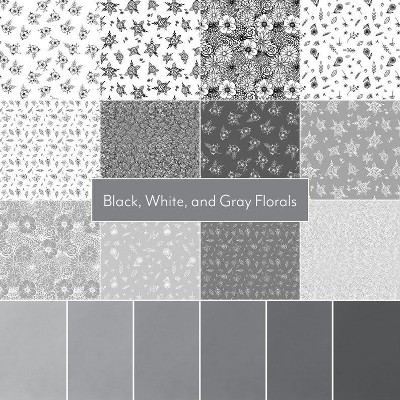 Black White and Gray Floral Paper / Digital Scrapbook Paper Etsy