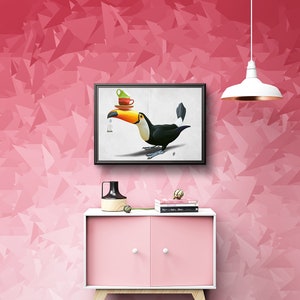 Tea for Tou (Wordless) Art Print Poster Ideal Gift Wall Hanging featuring the colourful bird toucan taking a cup of tea in the animal piece.