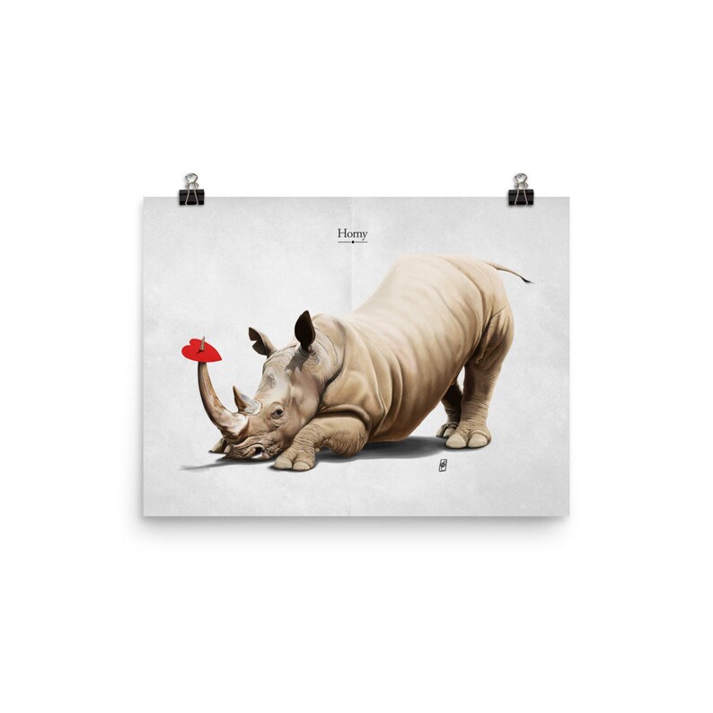 Horny Titled Art Print Poster Ideal Gift Wall Hanging featuring rhino in sad romance over heart in animal art image 4