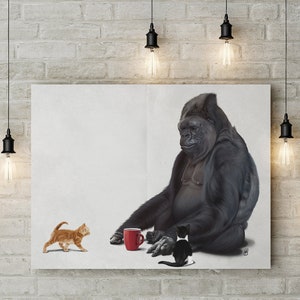 I Should, Koko (Wordless) Poster Art Print Ideal Gift Wall Hanging featuring Koko the primate gorilla playing with her kittens in animal art