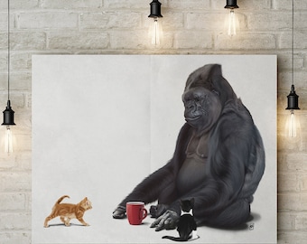 I Should, Koko (Wordless) Poster Art Print Ideal Gift Wall Hanging featuring Koko the primate gorilla playing with her kittens in animal art