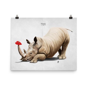 Horny Titled Art Print Poster Ideal Gift Wall Hanging featuring rhino in sad romance over heart in animal art image 2