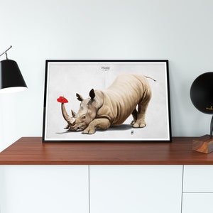 Horny Titled Art Print Poster Ideal Gift Wall Hanging featuring rhino in sad romance over heart in animal art image 1