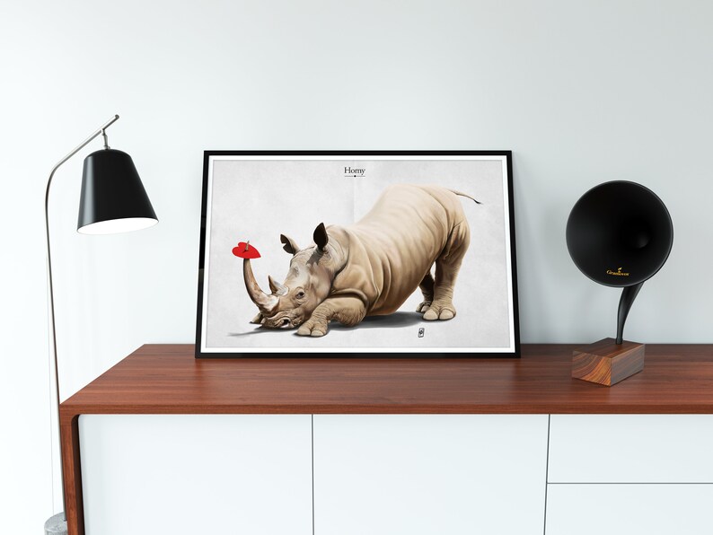 Horny Titled Art Print Poster Ideal Gift Wall Hanging featuring rhino in sad romance over heart in animal art image 1