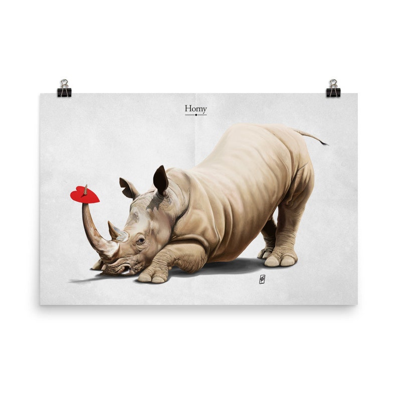 Horny Titled Art Print Poster Ideal Gift Wall Hanging featuring rhino in sad romance over heart in animal art image 7