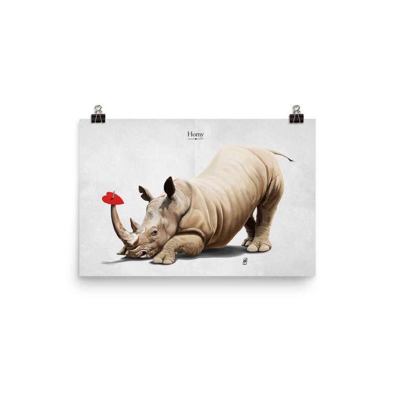 Horny Titled Art Print Poster Ideal Gift Wall Hanging featuring rhino in sad romance over heart in animal art image 5