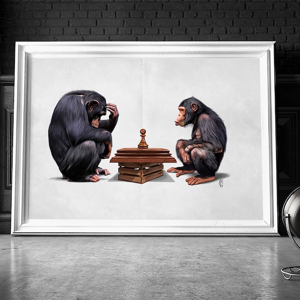 The Pawns (Wordless) Art Poster Print Ideal Gift Wall Hanging featuring primate chimpanzee ape sitting playing chess with pawn