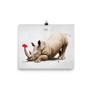 Horny Titled Art Print Poster Ideal Gift Wall Hanging featuring rhino in sad romance over heart in animal art image 3