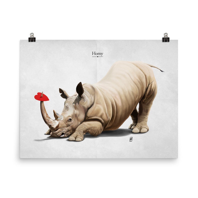 Horny Titled Art Print Poster Ideal Gift Wall Hanging featuring rhino in sad romance over heart in animal art image 6