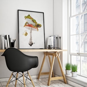 Kiss (Wordless) Art Poster Print Ideal Gift Wall Hanging featuring a frog loosing his gold crown over love in animal art