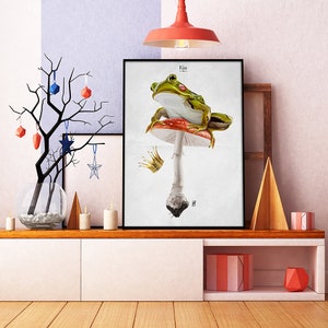 Kiss (Titled) Art Poster Print Ideal Gift Wall Hanging featuring a frog loosing his gold crown over love in animal art