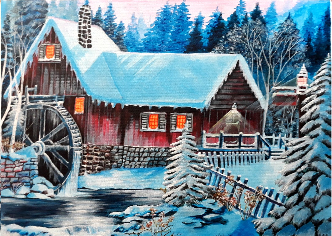 Winter Cabin Acrylic Painting: Snowy Landscape Wall Art - Etsy