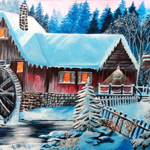 May include: A red wooden cabin with a snow-covered roof and a water wheel in front. The cabin has two windows with glowing orange lights. The scene is set in a snowy winter forest.