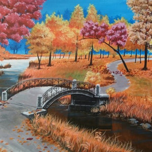 May include: A painting of a bridge over a stream in a park with fall foliage. The trees are a mix of red, orange, and yellow. The bridge is made of stone and has a metal railing.