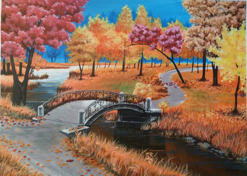 May include: A painting of a bridge over a stream in a park with fall foliage. The trees are a mix of red, orange, and yellow. The bridge is made of stone and has a metal railing.