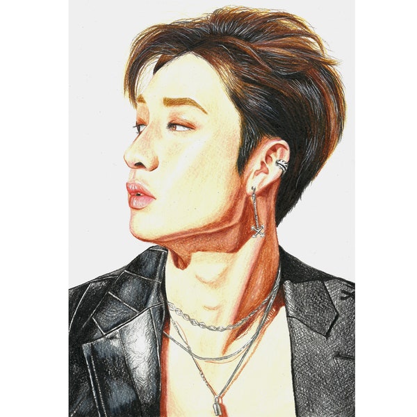 Bang Chan portrait de Stray Kids dessin fait à la main kpop Wall Art Decor