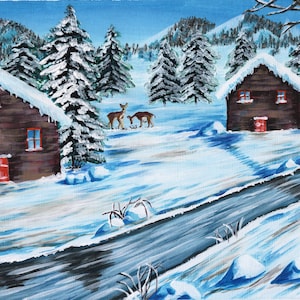 Original Winter Landscape Acrylic Painting: Cabin & Deer Art
